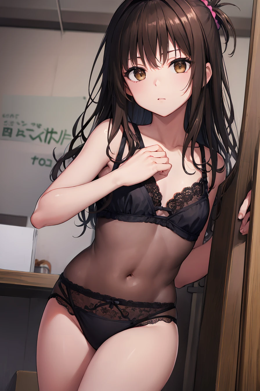 mikanyuuki, mikan yuuki, (brown eyes:1.7), brown hair, hair ornament, hair scrunchie, long hair, pink scrunchie, scrunchie, (flat chest:1.2),
BREAK white Lacy bra, white Lacy panties, 
BREAK looking at viewer,
BREAK indoors, classroom,
BREAK (masterpiece:1.2), best quality, high resolution, unity 8k wallpaper, (illustration:0.8), (beautiful detailed eyes:1.6), extremely detailed face, perfect lighting, extremely detailed CG, (perfect hands, perfect anatomy),