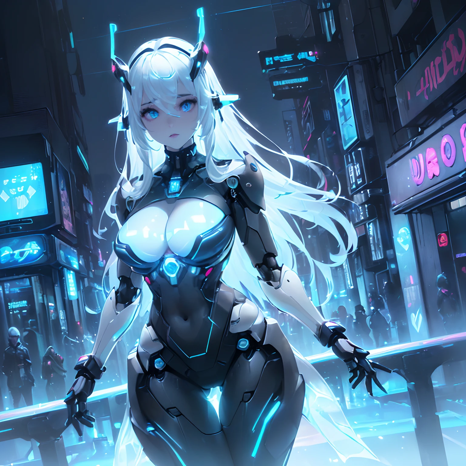 (((Of the highest quality)), (masterpiece), (detail:1.4), (((translucent mechanical robotic parts, black cyborg))), ((((solo)))), (((female focus))), ((woman made out of cyber parts)), ((skin of hips and thighs)), (((futuristic background))), many blue lights, (long white hair), (((Beautiful iridescent long hair))), (((blue Aurora Inner Hair))), Costume typography and numbering, ((grey and black eyes)), (((full lips))), detailed face, gorgeous eyes, iridescent body, standing, ((facing camera)), (((skin of the cleavage)), (glowing eyes), (in a futuristic city), ((skin of the forearms)), ((futuristic headgear)), ((in a city)), ((neon lights)),