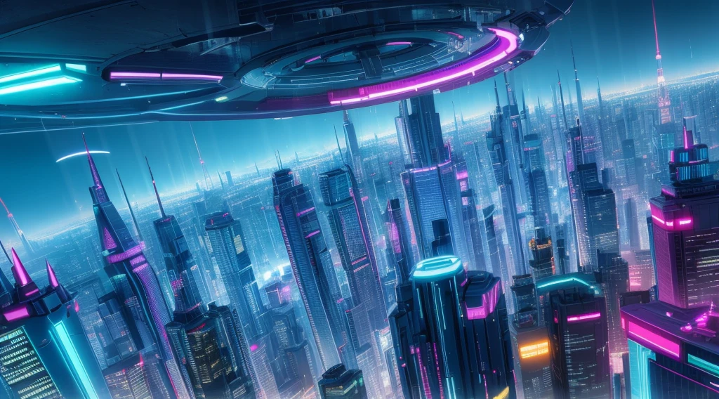 sprawling futuristic city illuminated by neon lights. A lone hacker stands on a rooftop, overlooking the bustling streets below