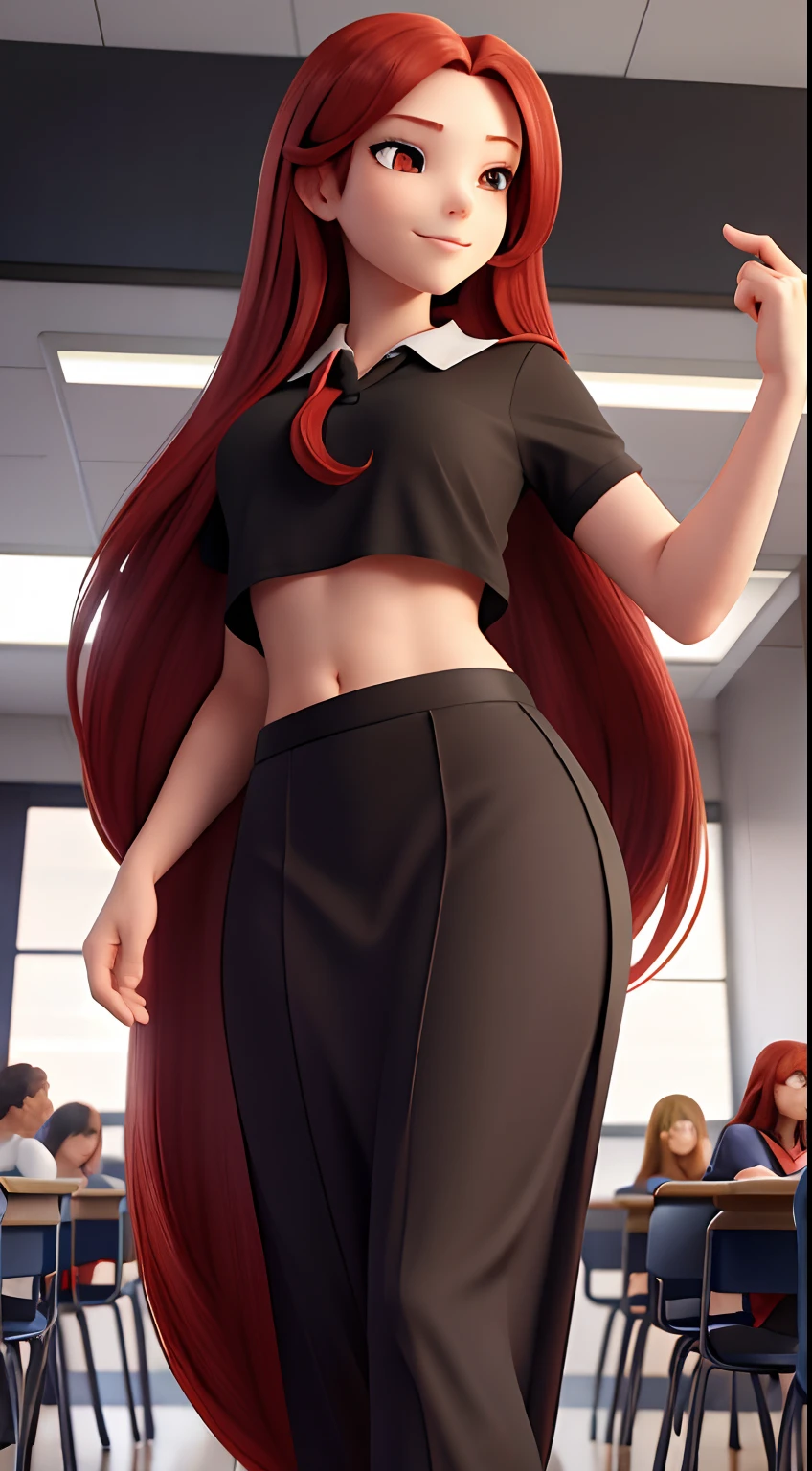 One Girl,  (((long red straight Hair))), smirking, evil, low angle, looking at camera,  black outfit, midriff, navel, Ultra Detailed Face, Detailed Lips, Fine Eyes, brown eyes, Colorful teacher uniform, On the classroom, ((from below)), beautiful hair color, short hair, teacher, teacher uniform, wearing teacher uniform, teacher uniform, teaching student, in front of class, on the classroom,