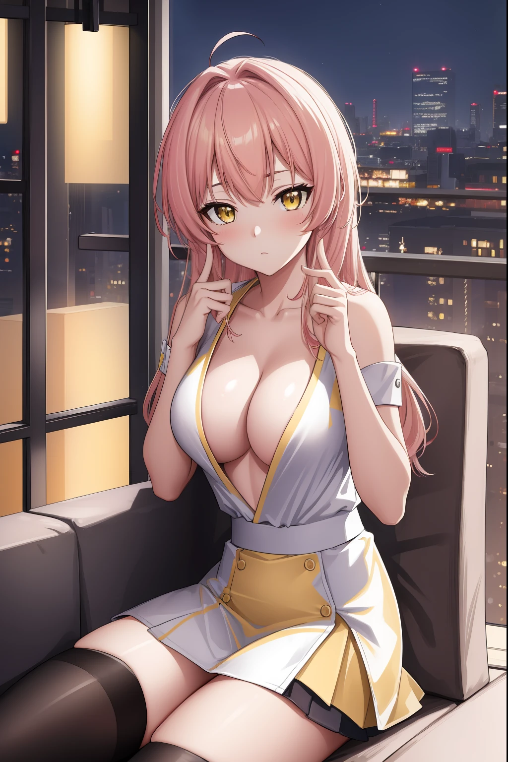 (Night:1.7), Cyberpunk_CityView, Before Window,in front of a wall with a clock,
sitting at attention,sitting on couch,
white shirt,yellow skirt,collarbone, cleavage, puffy_short_sleeves,thighhighs, White legwear, no_bra,
mika jougasaki, hair bow, long hair, pink hair, (yellow eyes:1.5),
1 girl, 20yo,young female,Beautiful Finger,Beautiful long legs,Beautiful body,Beautiful Nose,Beautiful character design, perfect eyes, perfect face,
looking at viewer, (innocent_big_eyes:1.0),(expressionless:1.3),
NSFW,official art,extremely detailed CG unity 8k wallpaper, perfect lighting,Colorful, Bright_Front_face_Lighting,
(masterpiece:1.0),(best_quality:1.0), ultra high res,4K,ultra-detailed,
photography, 8K, HDR, highres, absurdres:1.2, Kodak portra 400, film grain, blurry background, bokeh:1.2, lens flare, (vibrant_color:1.2)
(Beautiful,medium_Breasts:1.4), (beautiful_face:1.5),(narrow_waist),(perfect hands, perfect anatomy),