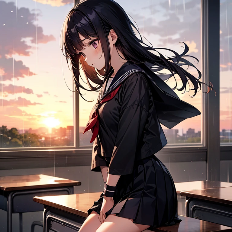 (background: Japanese school), (inside classroom), 1 girl, black hair, (black sailor suit and black pleated skirt), sunset, raining outside, looking away, top quality, high resolution