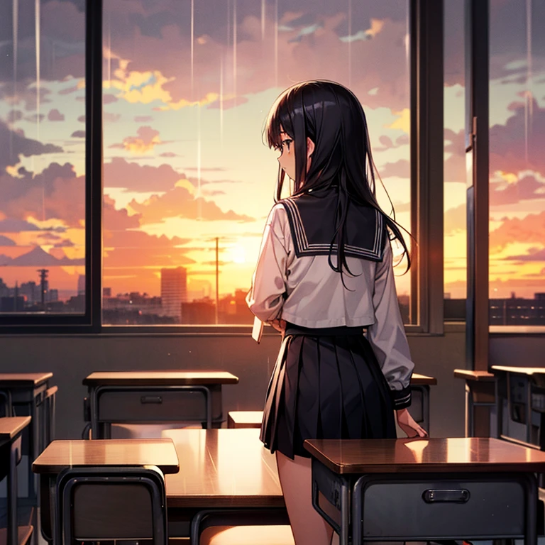 (background: Japanese school), (inside classroom), 1 girl, black hair, (black sailor suit and black pleated skirt), sunset, raining outside, looking away, top quality, high resolution