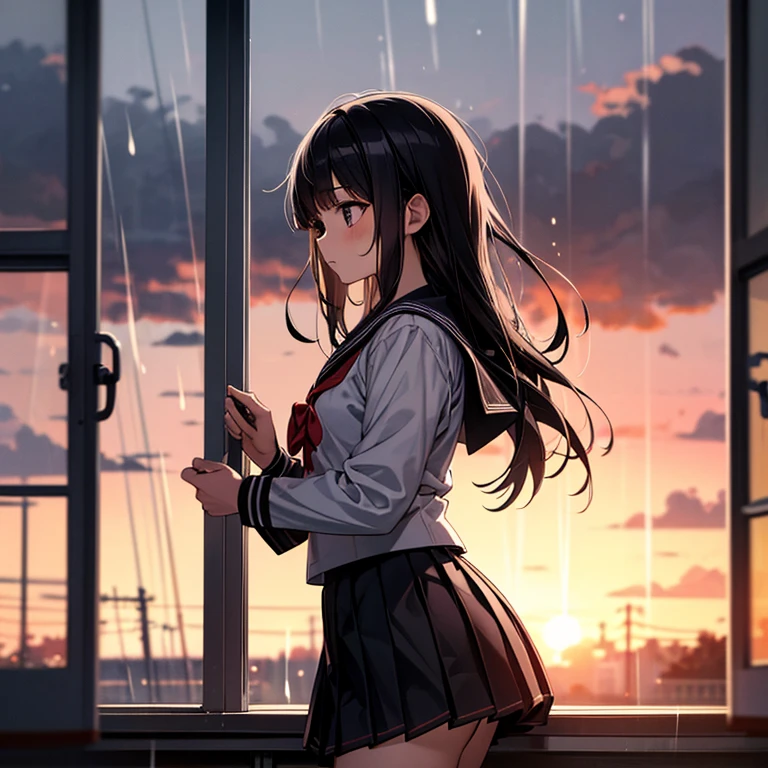 (background: Japanese school), (inside classroom), 1 girl, black hair, (black sailor suit and black pleated skirt), sunset, raining outside, looking away, top quality, high resolution
