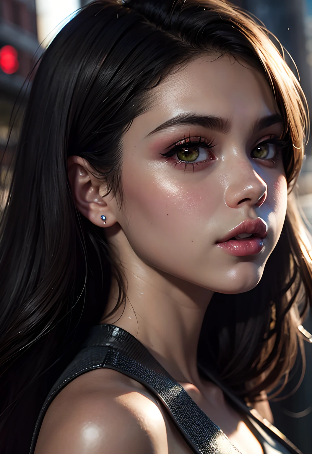 masterpiece, best quality, half body, portrait, night city, 1girl, Selena Gomez, anime, 3D, Japan, pixar, realistic, teen girl, smiling, cute face, harajuku fashion style, rain coat, beautiful, colourful, neon lights, cyberpunk, smooth skin, illustration, artstation, painting by stanley artgerm lau, sideways glance, foreshortening, extremely detailed 8K, smooth, high resolution, ultra quality, highly detail eyes, highly detail mouth, highly detailed face, perfect eyes, both eyes are the same, true light, glare, Iridescent, Global illumination, real hair movement, real light, real shadow, real face, hd, 2k, 4k, 8k, 16k, realistic light, realistic shadow, bright Eyes, fluorescent eyes, soft light, dream light