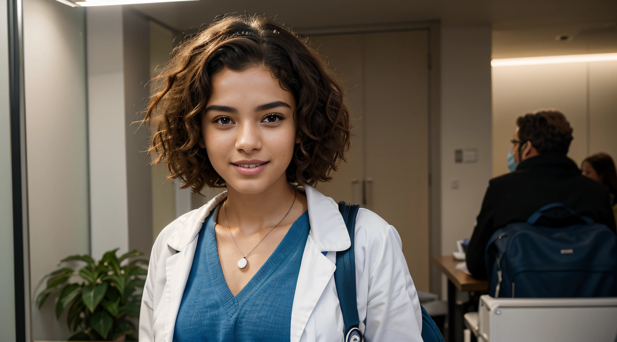 Create a prompt that generates an image of a medical student with Brazilian features. The model should be mulatta, with curly hair, wearing a white coat and a blue backpack on her back. Ensure the inclusion of curly hair, without a stethoscope. Ensure realistic lighting, with white and aligned teeth, and blur the background to create a more professional effect. Please make the image as realistic as possible.