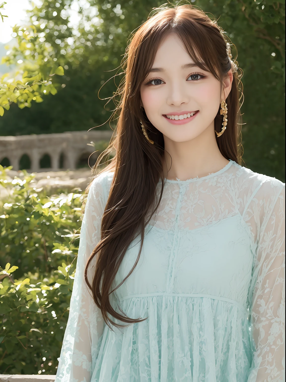 top-quality、8K、Scenic Area,1girl in、Beautuful Women、Elaborate Eyes、二重まぶた、A smile、Long、dressed casually