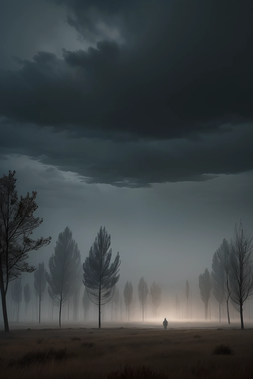 autumn, Deep Night, You can't see anything, steppe, the trees, Clouds, mist, it is frightful, Creepy, Grey, Very vector graphics