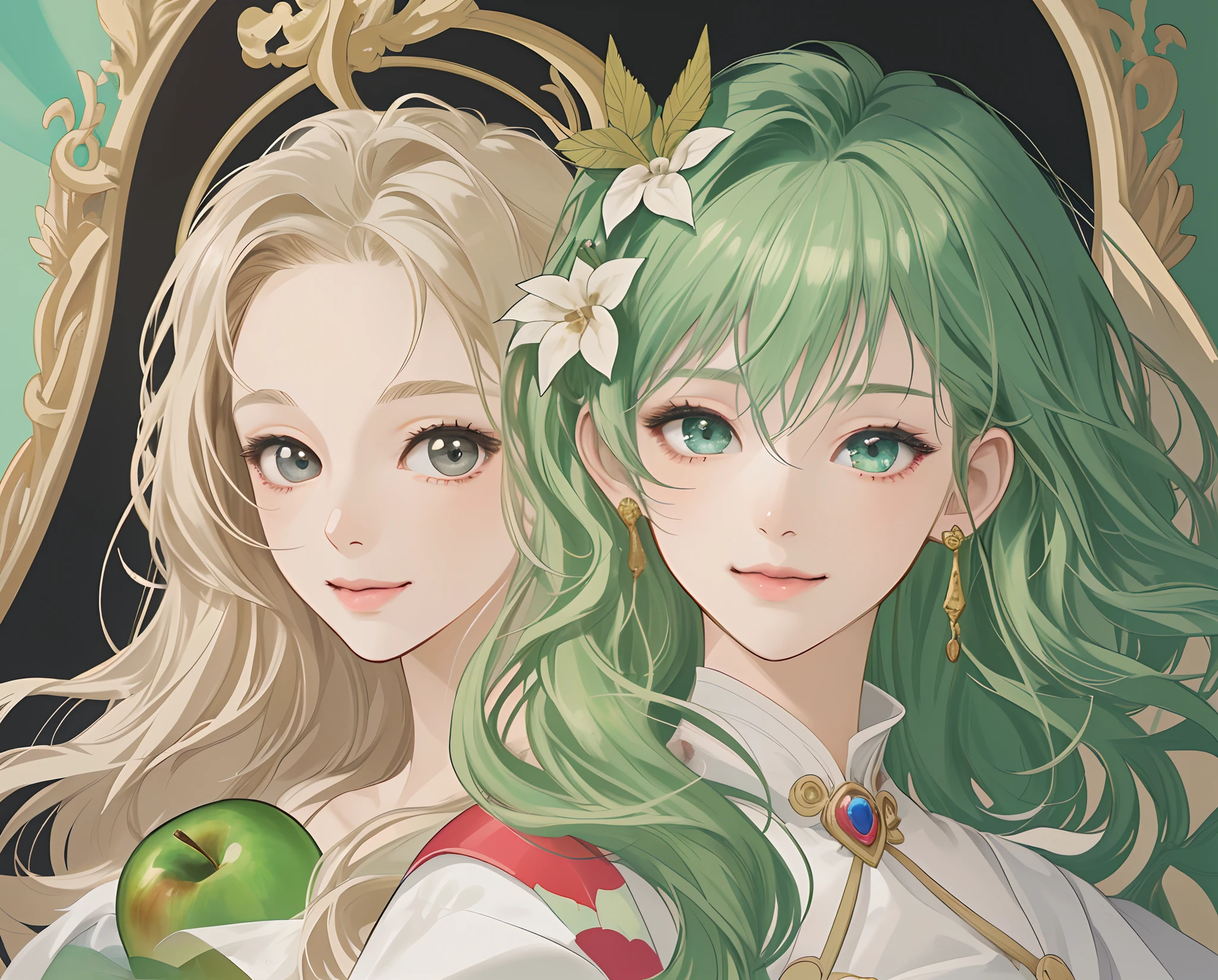 masterpiece、top-quality、超A high resolution、2D Beautiful Girl、animesque、teens girl、Golden hair、Fluffy hair、Green apple hair ornament、Beautiful gray eyes、The clothes are also depicted in detail、Eyes are depicted in detail、The face is depicted in detail、sorcerer、soio、Gentle smile、hair adornments、animesque、illustratio