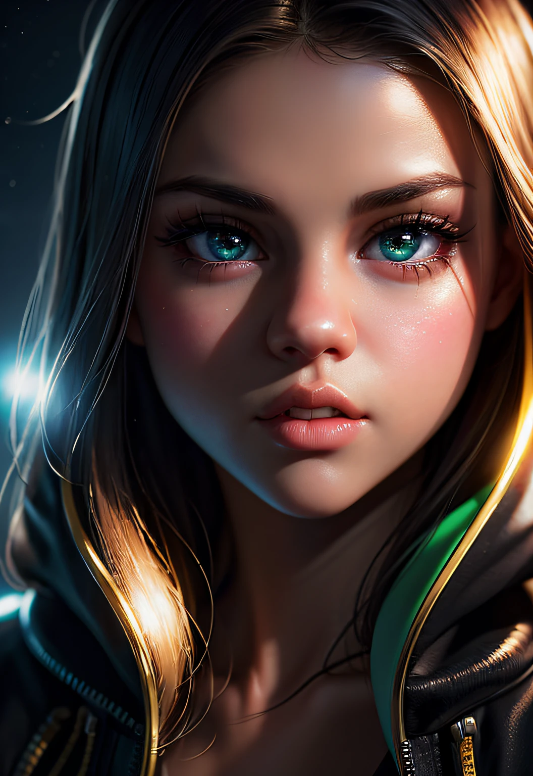 masterpiece, best quality, half body, portrait, night city, 1girl, ((Selena Gomez)), anime, 3D, pixar, realistic, teen girl, smiling, cute face, harajuku fashion style, rain coat, beautiful, colourful, neon lights, cyberpunk, smooth skin, illustration, artstation, painting by stanley artgerm lau, sideways glance, foreshortening, extremely detailed 8K, smooth, high resolution, ultra quality, highly detail eyes, highly detail mouth, highly detailed face, perfect eyes, both eyes are the same, true light, glare, Iridescent, Global illumination, real hair movement, real light, real shadow, real face, hd, 2k, 4k, 8k, 16k, realistic light, realistic shadow, bright Eyes, fluorescent eyes, soft light, dream light