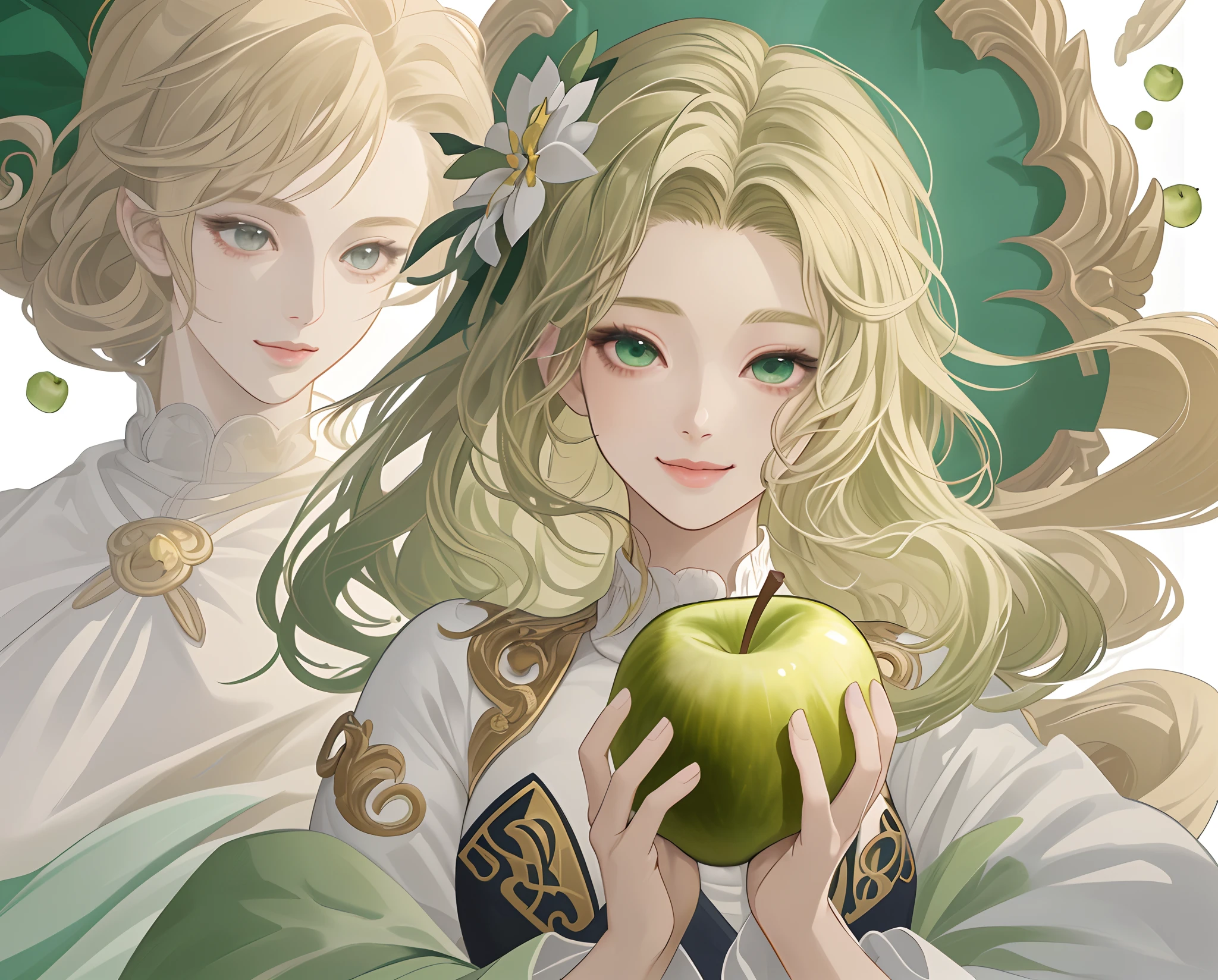 masterpiece、top-quality、超A high resolution、2D Beautiful Girl、animesque、teens girl、Golden hair、Fluffy hair、Green apple hair ornament、Beautiful gray eyes、The clothes are also depicted in detail、Eyes are depicted in detail、The face is depicted in detail、sorcerer、soio、Gentle smile、hair adornments、animesque、illustratio