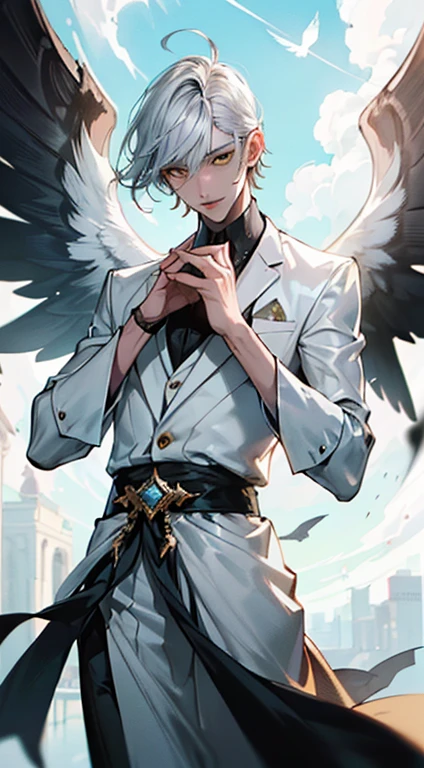 Masterpiece, absurderes, (great composition), 1人, Solo, Adult, Handsome, Silver short bob hair, Yellow eyes, Dynamic Angle, Dynamic lighting, well-built, White skin, Refined, Handsome_Male,
angelic messenger, Large feathered wings, celestial realm, divine messages, Grace, purity, Sympathy, looking at viewert, Perfect face, Perfect hands, Perfect