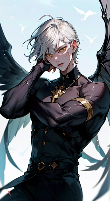 Masterpiece, absurderes, (great composition), 1人, Solo, Adult, Handsome, Silver short bob hair, Yellow eyes, Dynamic Angle, Dynamic lighting, well-built, White skin, Refined, Handsome_Male, 
angelic messenger, Large feathered wings, celestial realm, divine messages, Grace, purity, Sympathy, looking at viewert, Perfect face, Perfect hands, Perfect