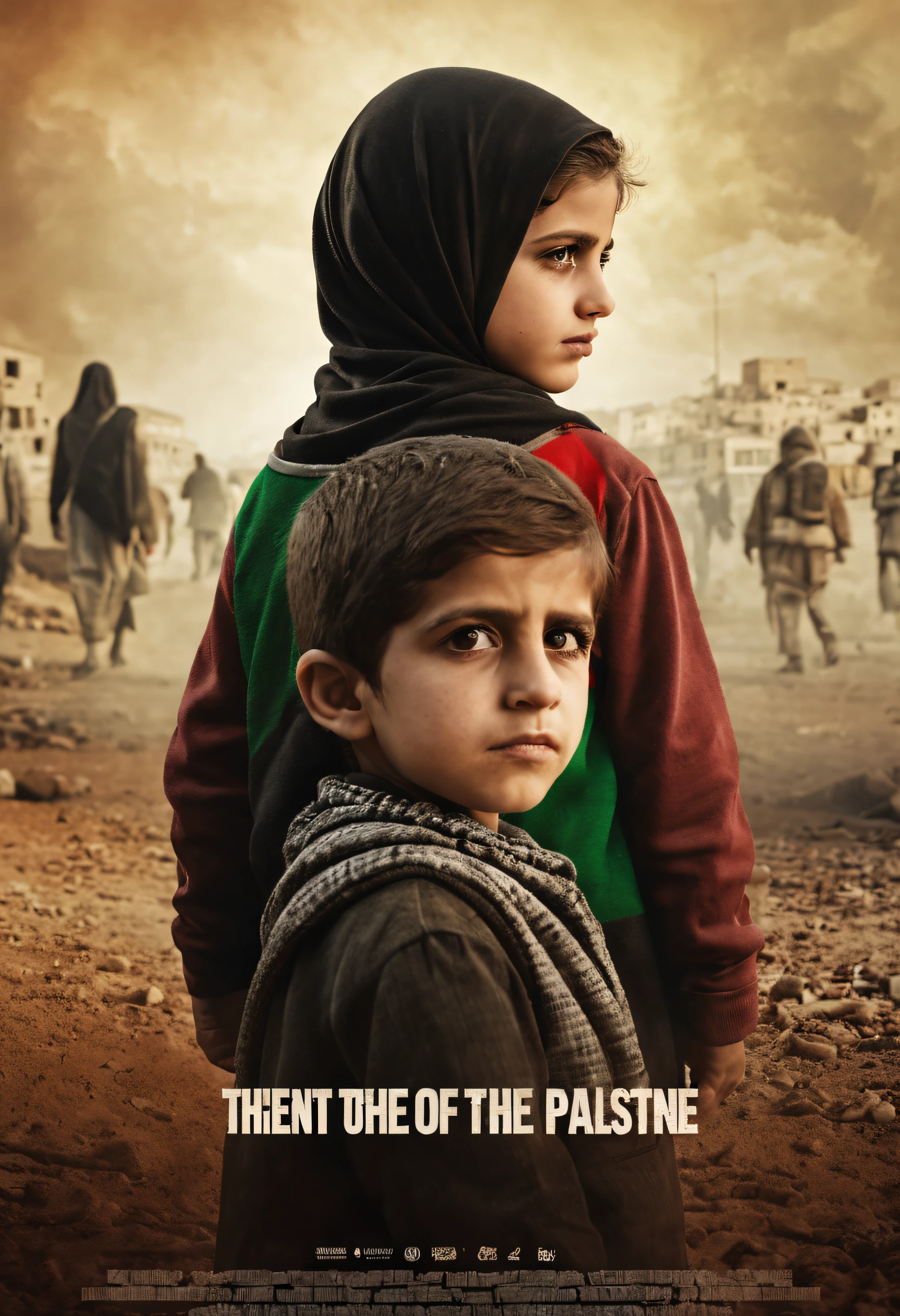 ((cinematic ligh《Save the children of Palestine》poster for, movie poster，At the top there is the inscription "Against the War".，At the bottom is the words "Caring for Children".))，title, and credits, A high resolution, Ultra-detailed, Vivid colors, Dramatic lighting, Realistic, sportrait, Bokeh, Cinematic, CreativeDesign, Intense atmosphere, Dark background, suspenseful, shadowy figures, Melancholy tone, Excellent typography, Artistic composition, Dynamic angles, Contrasting colors, Depth of field, striking visual effects, Strong emotions, Haunting images, captivating visuals, Atmospheric settings, theatrical, mystical ambiance, delicate craftsmanship, Real Persono, intriguing narrative, Professional artwork, Engaging storyline, mystical expressions, Cinematic style, Thought-provoking symbolism, Engaging poster design, Iconic visuals, Intelligent execution, Visually stunning, Visual appeal, attention-grabbing, memorable, Reminiscent of classic movie posters