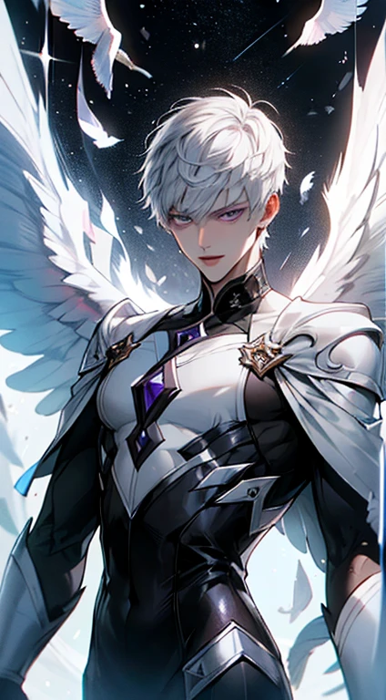 absurderes, (great composition), 1人, Solo, male only, Male model, Adult, Handsome, Short white hair, Flying bangs, Purple eyes, Dynamic Angle, Dynamic lighting, well-built, White skin, Refined, Handsome_Male, angelic messenger, Feathered wings, celestial realm, divine messages, Grace, purity, Sympathy, Perfect face, Perfect skin
