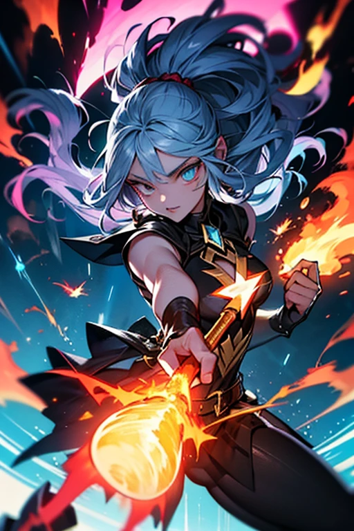 Best quality, Ultra-detailed, battle witch, Magic wand, Lightning, Fire, Explosion, Flash