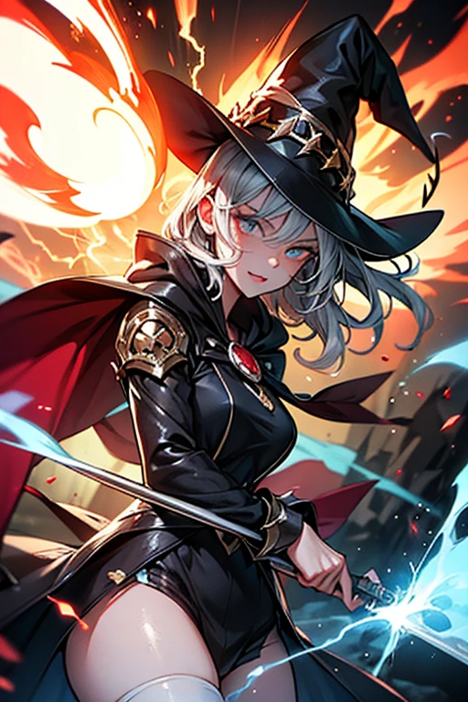 Best quality, Ultra-detailed, battle witch, Magic wand, Lightning, Fire, Explosion, Flash