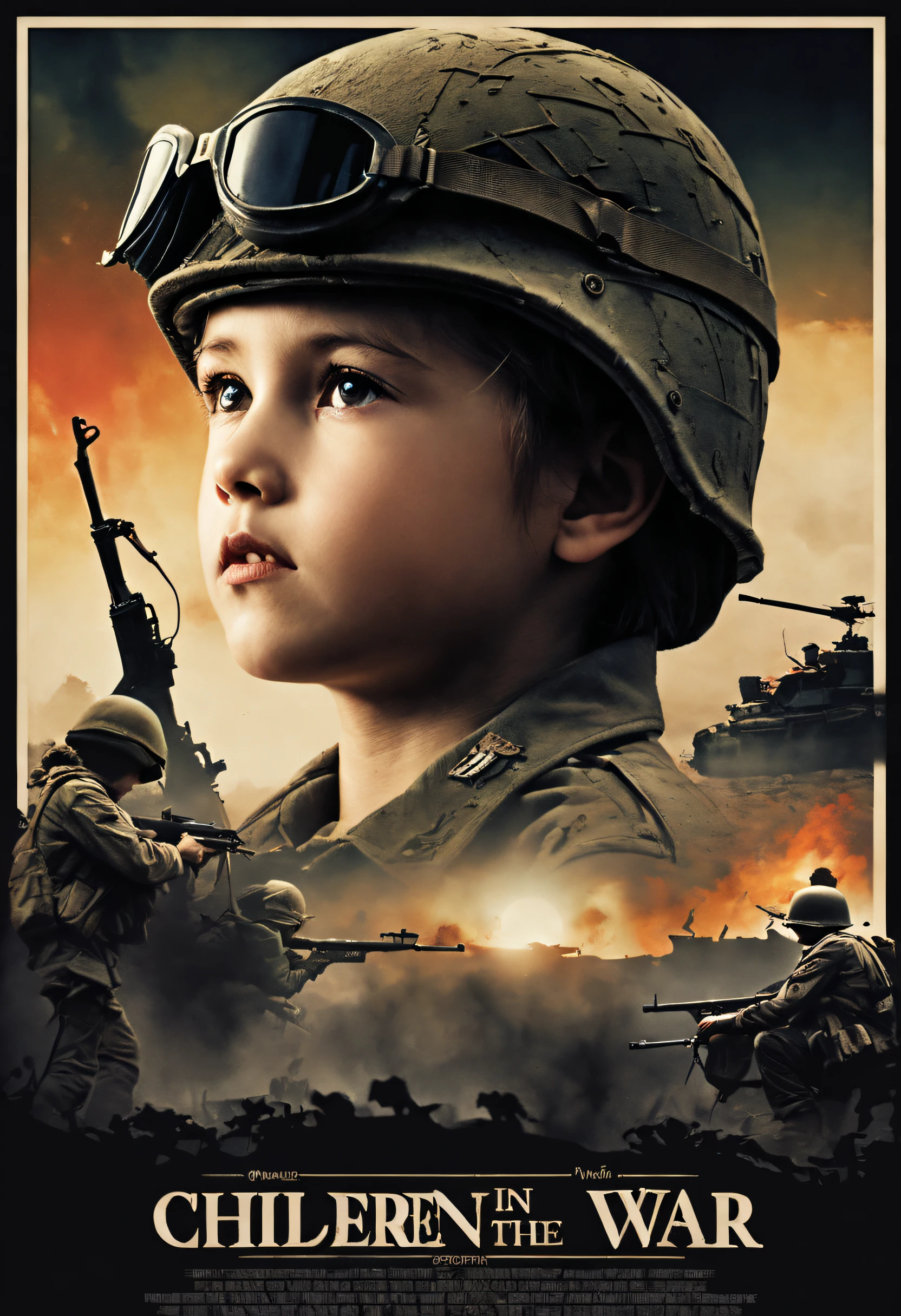 ((cinematic ligh《Children in war》poster for, 80s movie poster，At the top there is the inscription "Against the War".，At the bottom is the words "Caring for Children".))，title, and credits, A high resolution, Ultra-detailed, Vivid colors, Dramatic lighting, Realistic, sportrait, Bokeh, Cinematic, CreativeDesign, Intense atmosphere, Dark background, suspenseful, shadowy figures, Melancholy tone, Excellent typography, Artistic composition, Dynamic angles, Contrasting colors, Depth of field, striking visual effects, Strong emotions, Haunting images, captivating visuals, Atmospheric settings, theatrical, mystical ambiance, delicate craftsmanship, Real Persono, intriguing narrative, Professional artwork, Engaging storyline, mystical expressions, Cinematic style, Thought-provoking symbolism, Engaging poster design, Iconic visuals, Intelligent execution, Visually stunning, Visual appeal, attention-grabbing, memorable, Reminiscent of classic movie posters，