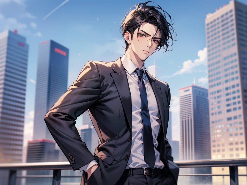 tmasterpiece,best qualtiy,1 male,AS-Adult,with short black hair,The shirt,Man in suit and tie stands in front of the city, wearing a strict business suit, seminude、anime handsome man,wearing a strict business suit, Dark suit, Handsome anime pose suit and tie, handsome stunning realistic,