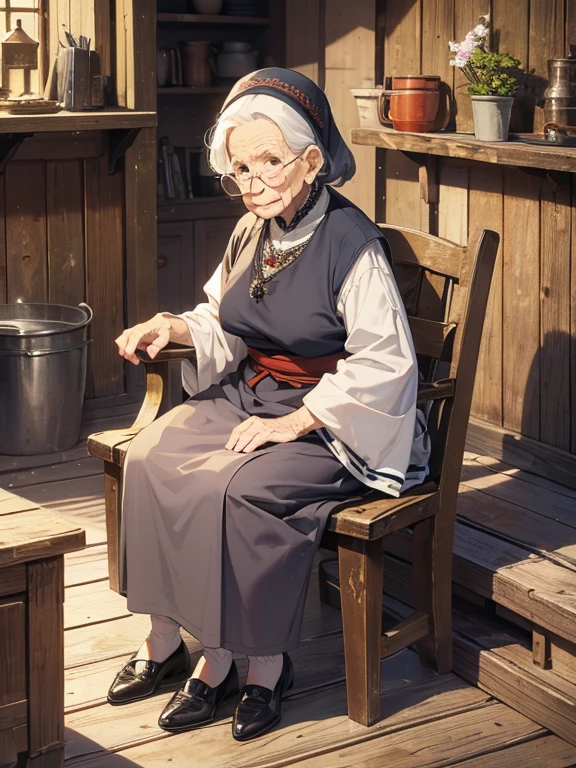 An elderly grandmother, An affable old lady, Kind old woman, She wears simple medieval clothing，In the wooden house.