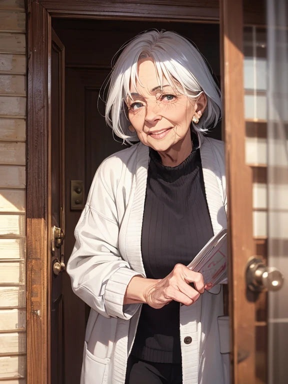 A woman in her 70s，The face of an old man，wrinkles，Stand behind the door，ssmile，