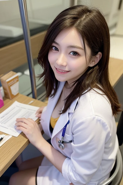 (8K、top-quality、masterpiece:1.2)、(reallistic、Photorealsitic:1.2)、 Phenomenally cute girl、Female doctor in white coat、1Man Woman、(Smile Face:1.1)、Slim Face、The most beautiful women in the world、hyperdetailed face、Detailed eye、二重まぶた、Kamimei、perfect teeth、Perfect tooth alignment、(glistning skin)、(sun-kissed skin)、(real looking skin)、Blurred background、full body Esbian、frontage、Slim Face、Brightly colored clothing、Sit in a chair in the exam room、Wear a stethoscope、From above、a miniskirt、beautiful hairl、I can see the cleavage、Full Body Pose、(pureerosface_v1:0.8)、a small face、ssmile、A sexy、hide one's hands