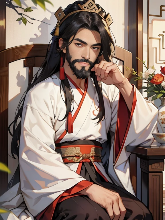 Best quality, Masterpiece, 超高分辨率, Emperor of China,dressed white hanfu,Asian people,age 55,Fei Xiang,Square face,Deep eyes,Beard,sitting on an royal throne,Look at the camera condescendingly,Behind it is a gorgeous pattern