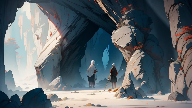 cave entrance,White-haired old man in a Chinese robe,Facing the camera,In the background is a cave,Ancient wind,Beautiful CG quality,Clear and detailed description,Hearty shots,Rich and superb local details,Intoxicating light and shadow effects,Beautiful and beautiful overall atmosphere