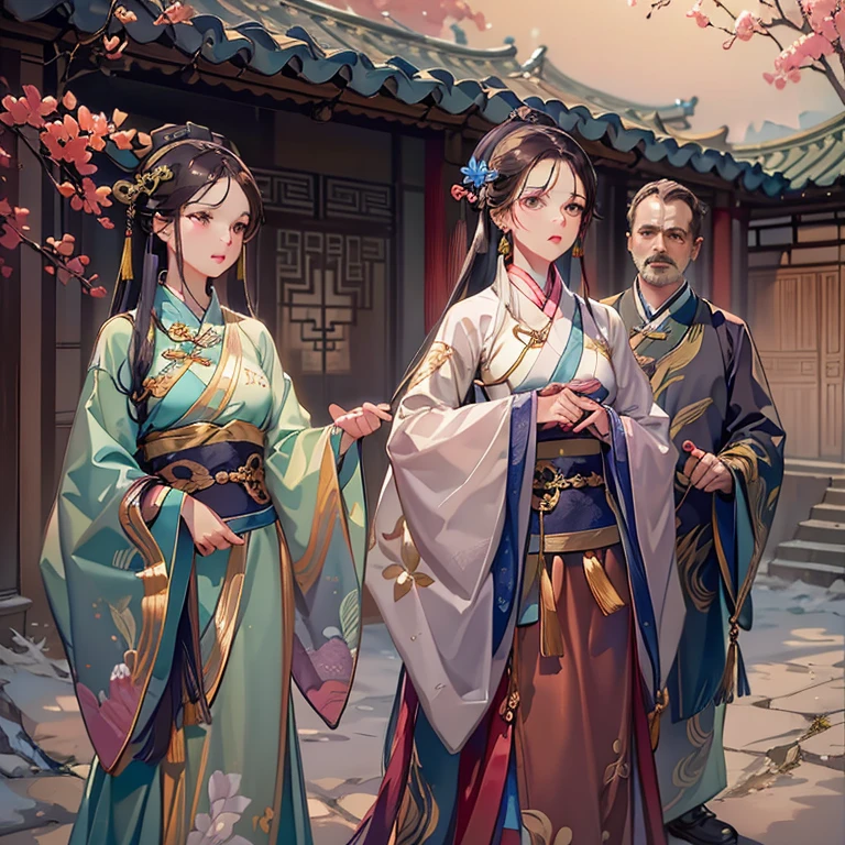 (A cute young girl stands next to a middle-aged woman and a middle-aged man, Wearing Hanfu)
(In the old courtyard)
(Chinese)