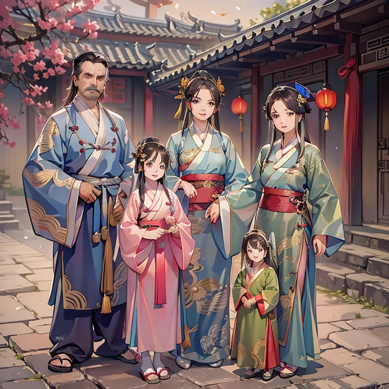 (A cute young girl stands next to a middle-aged woman and a middle-aged man, Wearing Hanfu)
(In the old courtyard)
(Chinese)