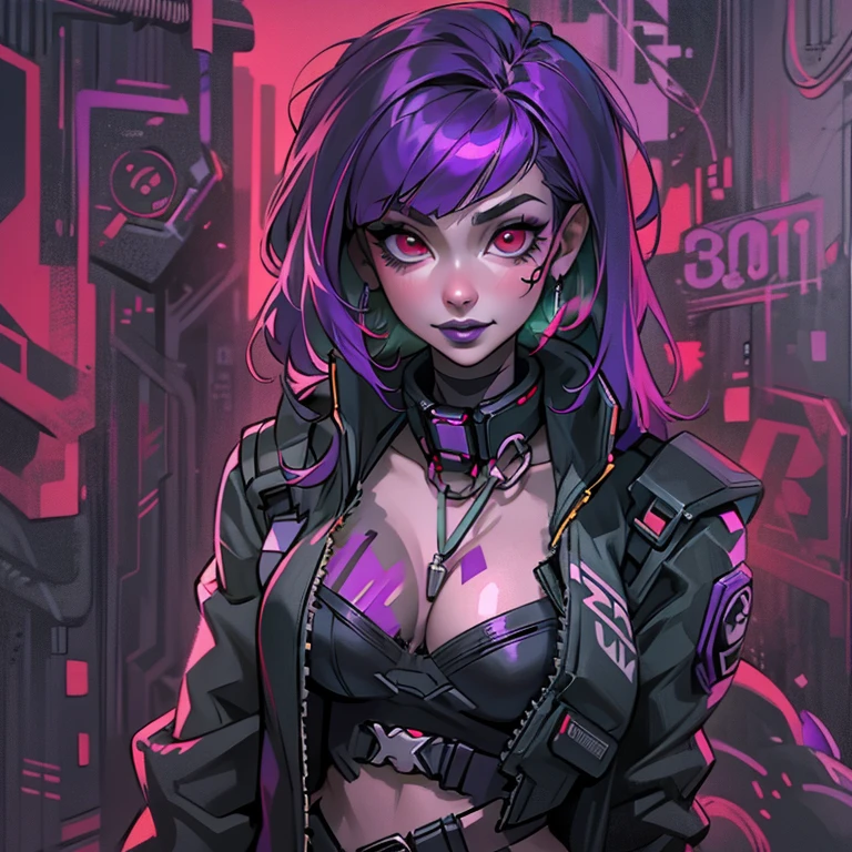 ((solo)). female character around 30 years old. mature body with large breasts and cleavage. wearing black clothing, a cyberpunk style outfit with a strappy harness. she has a cheeky smile. red eyes. long purple hair with straight bangs. She wears eyeliner and black lipstick on her lips. she looks a model on a clothing ad. a combined neon and greyscale color style. the background has abstract spray paint