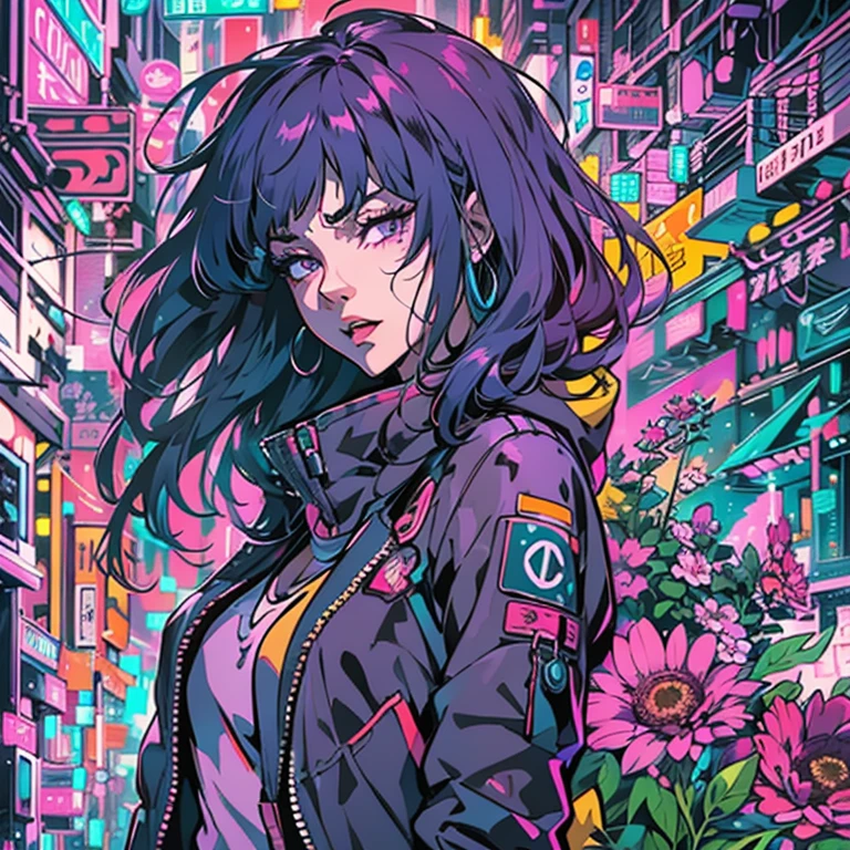 Create digital artwork in the ergo proxy Art style, Featuring a cheeky and confident woman with purple hair and straight bangs, street fashion, Movie color scheme, Surrounded by vintage 80's dark neon motifs, Vibrant brush strokes, Emotions should be dynamic, Upper body, Drawing, illustration, escala cinza, mechanical, cyberpunk, Many flowers,