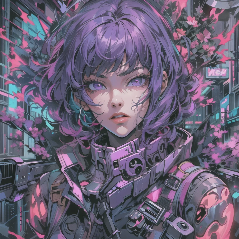 Create digital artwork in the ergo proxy Art style, Featuring a cheeky and confident woman with purple hair and straight bangs, street fashion, Movie color scheme, Surrounded by vintage 80's dark neon motifs, Vibrant brush strokes, Emotions should be dynamic, Upper body, Drawing, illustration, escala cinza, mechanical, cyberpunk, Many flowers,