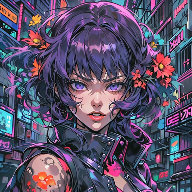 Create digital artwork in the ergo proxy Art style, Featuring a cheeky and confident woman with purple hair and straight bangs, street fashion, Movie color scheme, Surrounded by vintage 80's dark neon motifs, Vibrant brush strokes, Emotions should be dynamic, Upper body, Drawing, illustration, escala cinza, mechanical, cyberpunk, Many flowers,