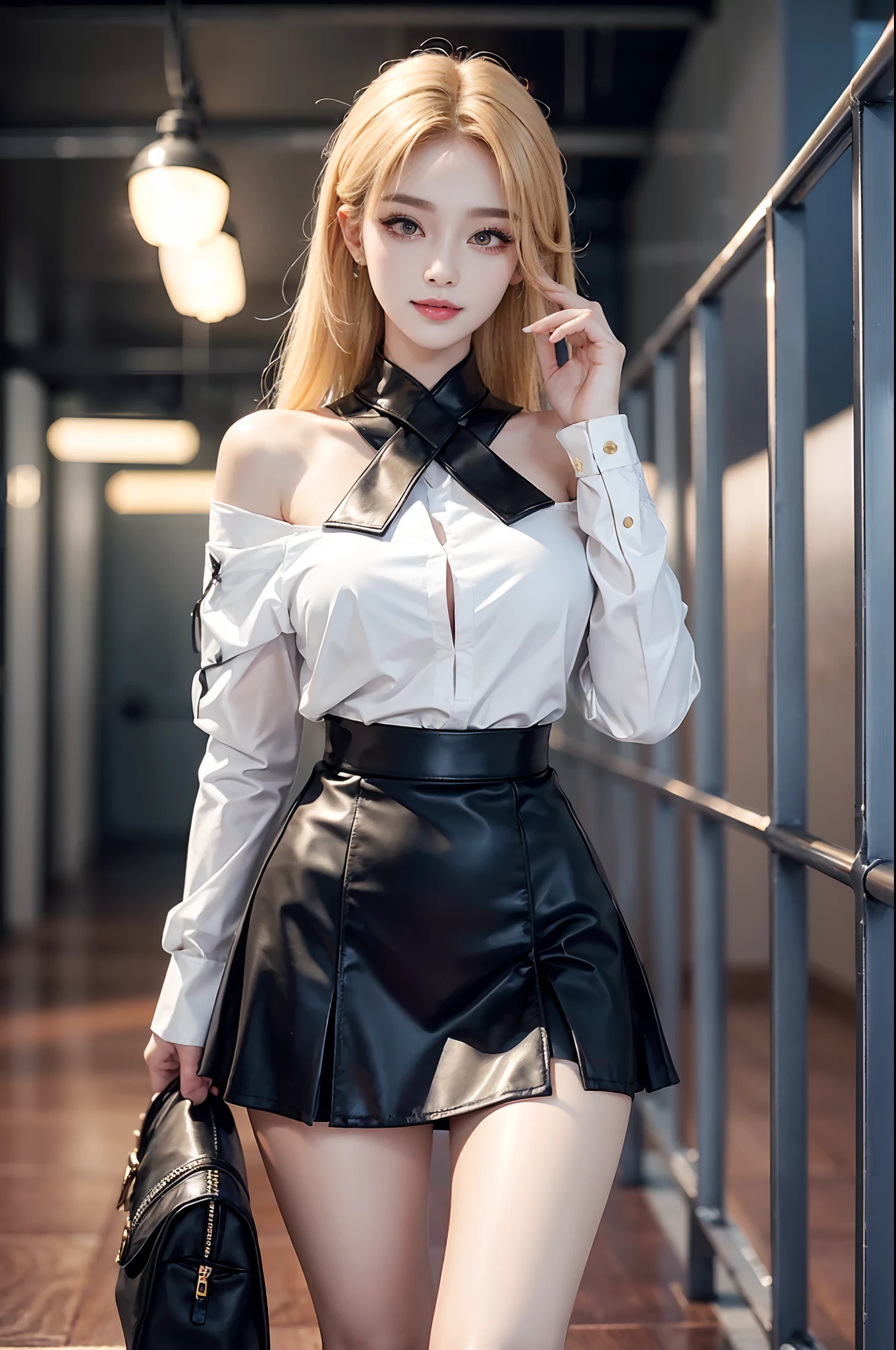 ((knee shot)), Korean school uniform,White color blouse, cropped shoulders, black short skirt, Bright blonde hair,In the hallway, standing on your feet, leaning against the railing, Cross ed leg, posing elegantly, Look into the distance, 8K original photos,A high resolution,20yr old,Korean model,beautiful eyes in detail,long eyelasher,beautiful double eyelid,eye shadows,eyes liner,Elongated eyes,Elongated eyes,Elongated eye shape, Sanbai's eyes,evil grin smile,Evil expression,Beautiful very thin legs,slender leg,Random medium hair,Hair tied behind the head,耳Nipple Ring, Heavy makeup, Gorgeous makeup, ((warm lights, a warm color palette))