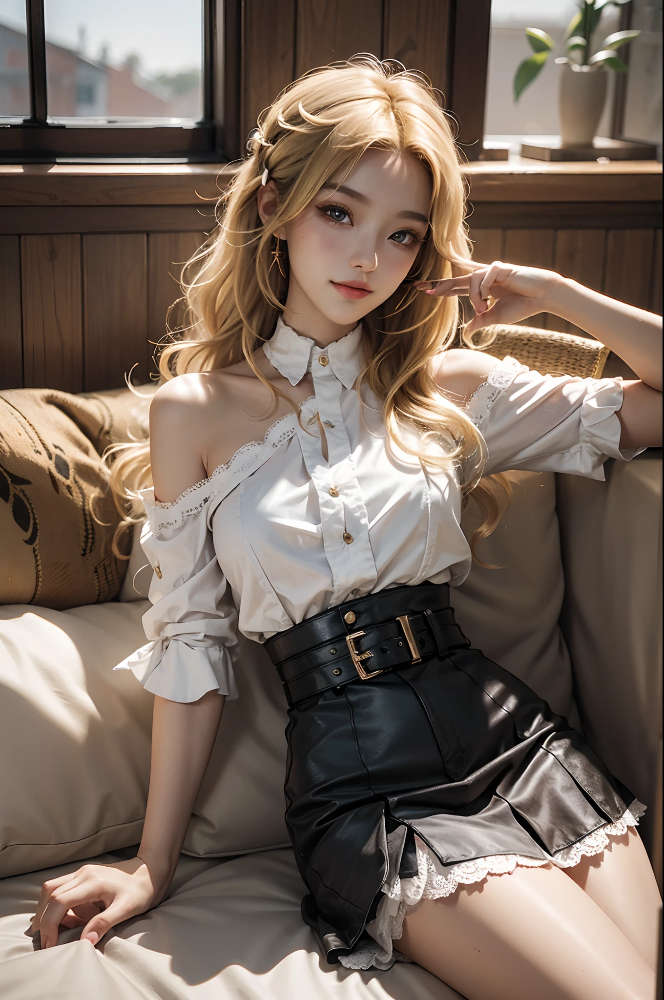 ((cowboy shot)), Shot from a random perspective, 22-year-old Japanese model, slim, Slimming the waist, curlies, White lace shirt, cropped shoulders, Black hip skirt, high-waist, Nice belt, golden hair, warm lights, Warm tones Slender legs, Cross ed leg, inside in room, on a sofa, Sit Pose, posed for photo, posing elegantly, blonde hair, streaked hair, hair ornament, heart-shaped pupils, makeup, light smile, shy, licking lips, Romanticism, Social realism, chiaroscuro, motion blur, anaglyph, Sony FE GM, UHD, masterpiece, textured skin, super detail, best quality