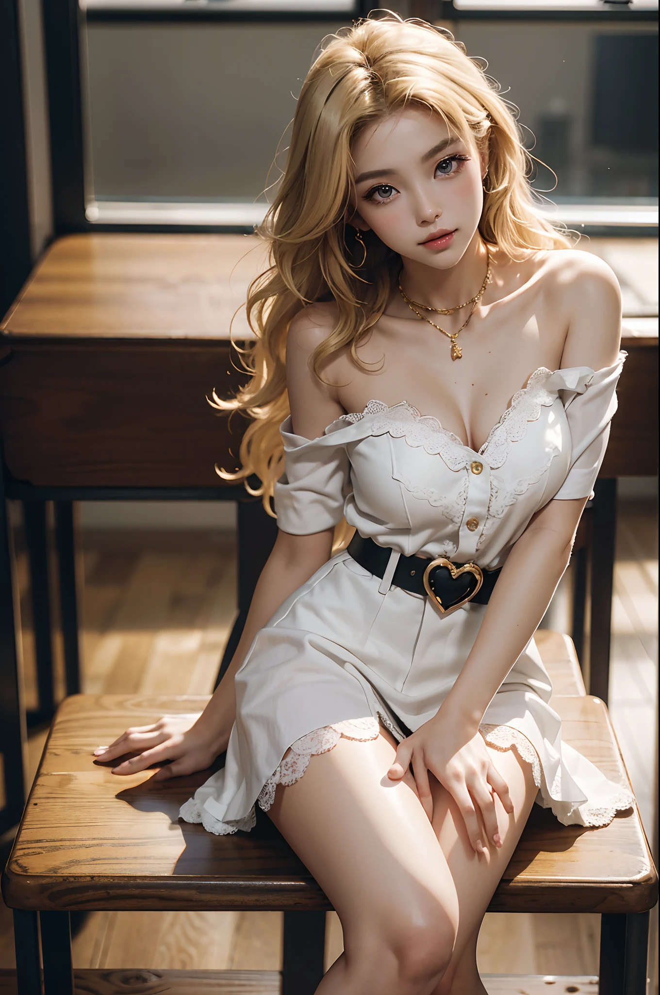 ((full body)), Shot from a random perspective, 22-year-old Japanese model, slim, Slimming the waist, curlies, White lace shirt, cropped shoulders, Black hip skirt, high-waist, Nice belt, golden hair, warm lights, Warm tones Slender legs, Cross ed leg, inside in room, sitting on the classroom desk, posed for photo, posing elegantly, blonde hair, streaked hair, hair ornament, heart-shaped pupils, makeup, light smile, shy, licking lips, Romanticism, Social realism, chiaroscuro, motion blur, anaglyph, Sony FE GM, UHD, masterpiece, textured skin, super detail, best quality