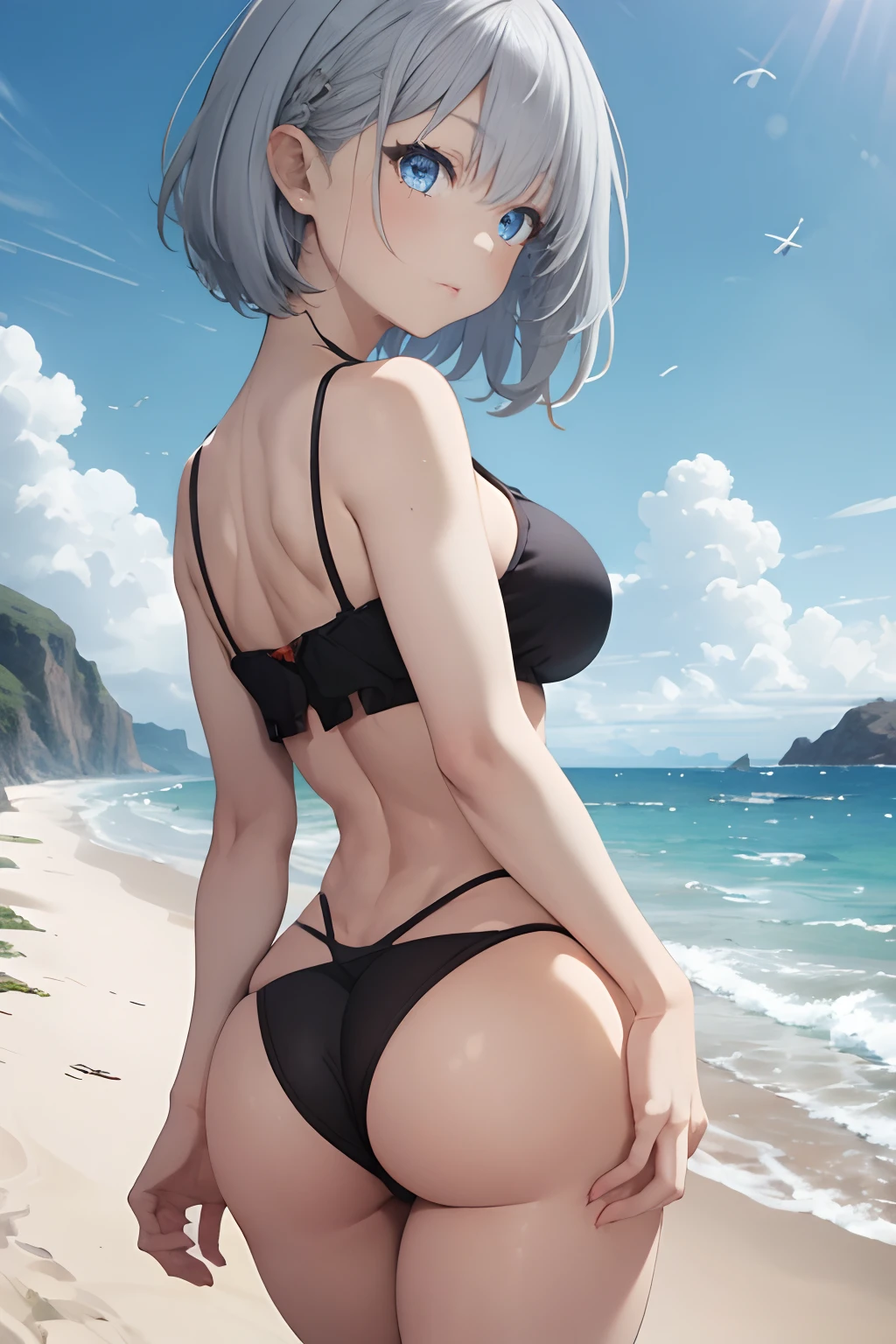 1girl, highleg panties, 
ass,  beach,, masterpiece, best quality, highly detailed, short gray hair, blue eyes,