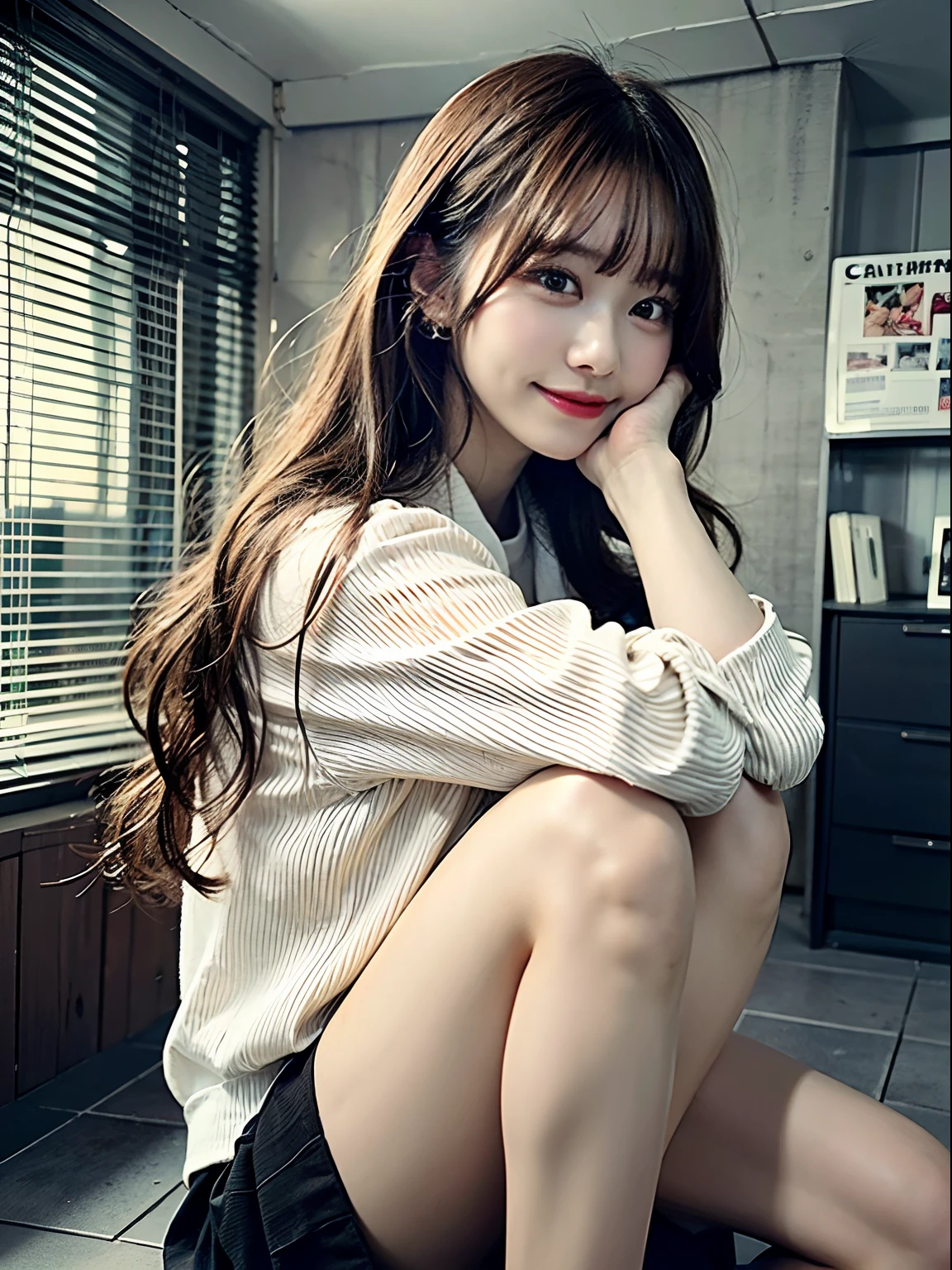 hight resolution,masutepiece,Best Quality,Extremely detailed, hyper realisitic, girl with, sitting, Put your hands on your knees, hair wavy, a smile, Black pleats skirt, white oversize shirt,Avert your eyes, profile, Very beautiful,cute, 8K Wallpaper, Fine detail, Very detailed 8k wallpaper