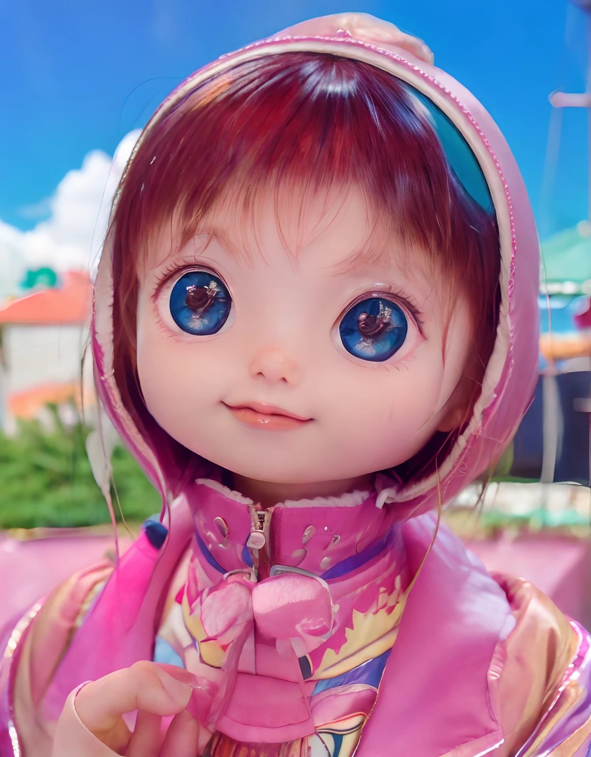 1girl, Rainbow ruby, pink jacket, short hair, red hair, realistic, ultra detail, 70mm lens,