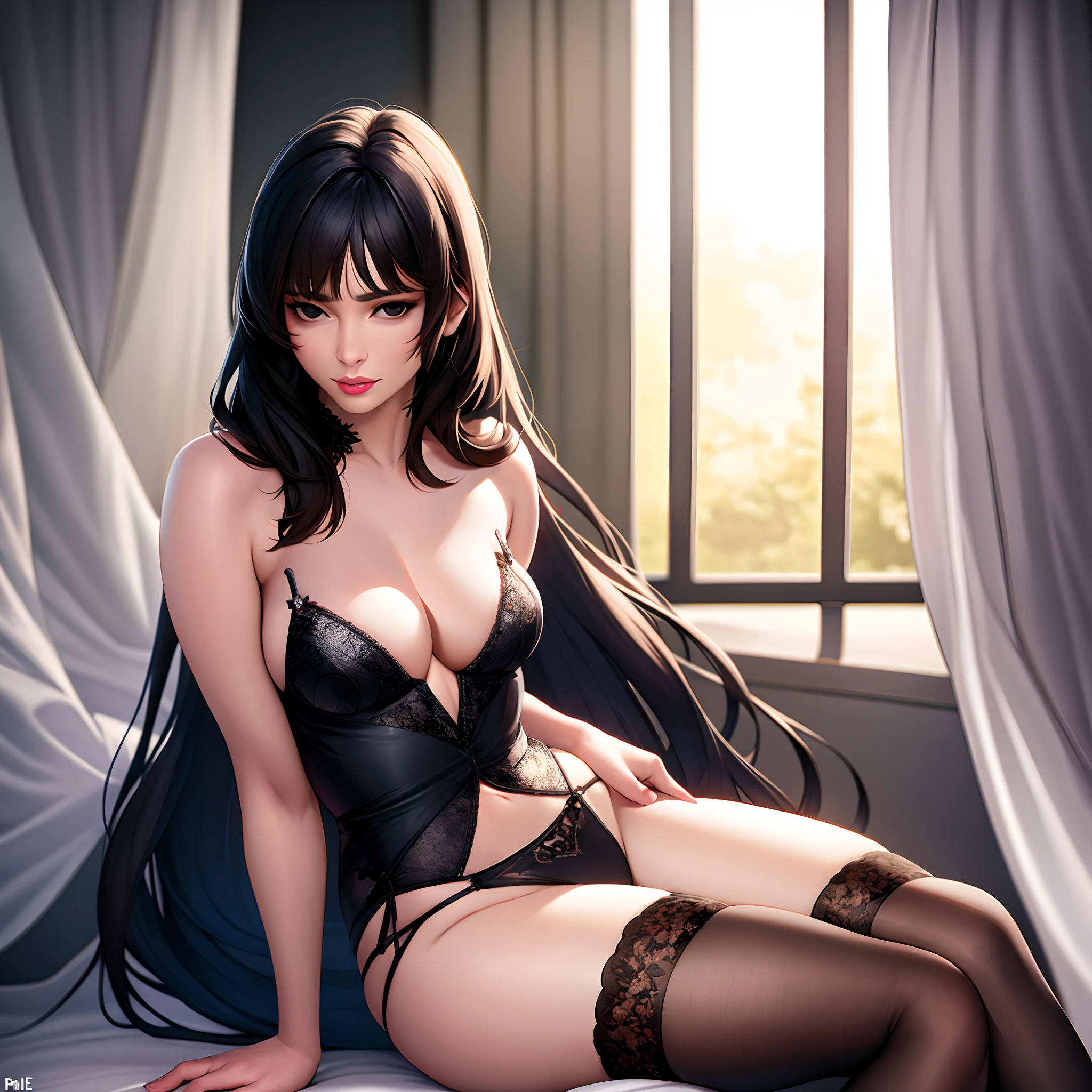 Breasts, Solo, Black hair, upper legs, Long hair, cleavage, view the viewer, Realistic, mediuml breasts, Lips, parted lip, sofe, Bare shoulders, Sitting, bangs, Black eyes, lace-trimmed legwear, Curtains