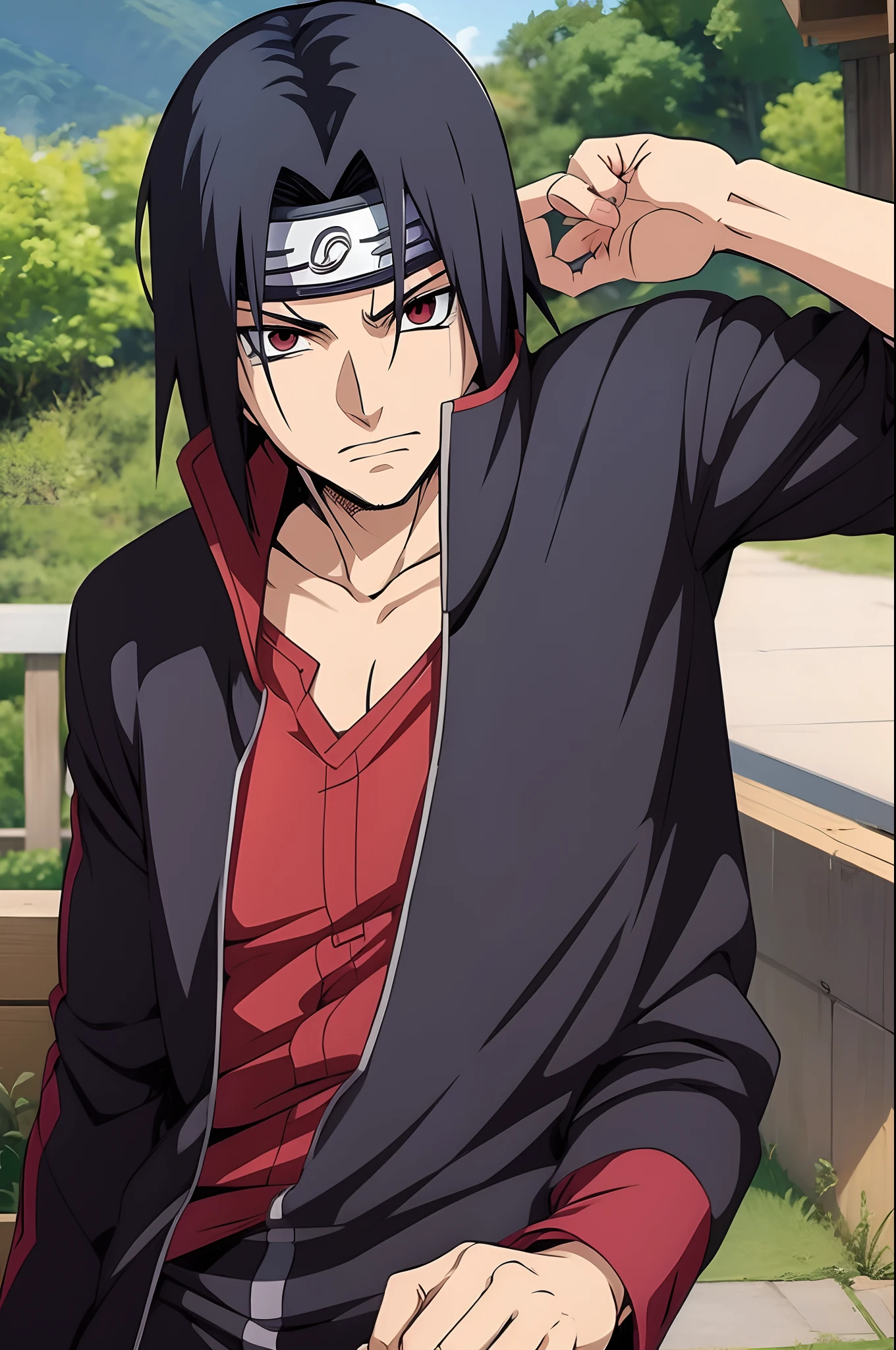 Itachi Uchiha, cabelo curto preto, anime masculino, vestindo um casaco preto de manga comprida, Kishimoto