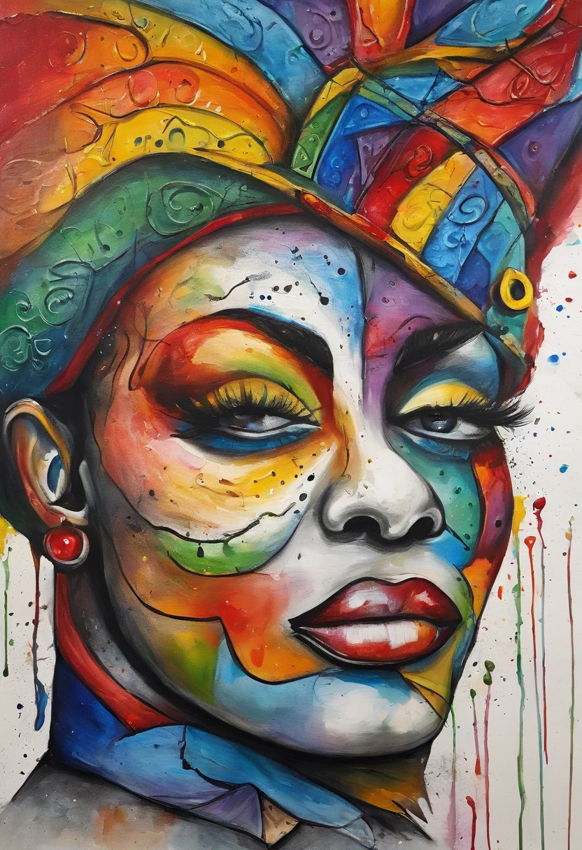 arte splash, grafismo, Geometric figures, Rainbow, grafitti, romero britto, galinha head, juba bem detalhada ((fundo branco)), olhos penetrantes, galinha colorida, abstrato, epic instagram, art-station, estilo splash de tinta colorida+, contorno, hiperdetalhado intricadamente detalhado, Motor irreal, genial, detalhes intrincados, tela inicial, cores complementares, conceito realista arte, 8K分辨率, obra-prima do deviantart, oil-painting, pinceladas pesadas, pingos de tinta, artes de salpicos