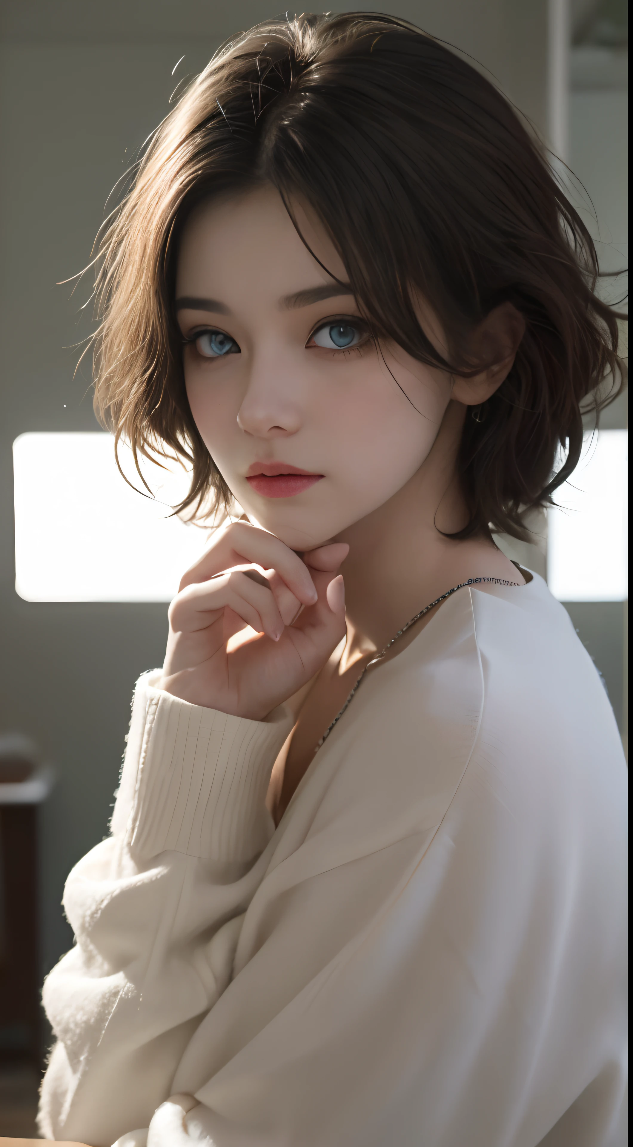 best quality, master part, ultra high-resolution, (fotorrealista:1.5), Foto RAW, 1girl, Fora do ombro, No escuro, sombra profunda, discreto, luz fria, olhar sexy, Cabelos brancos curtos (((cabelos brancos)), (((beautiful eyes)))