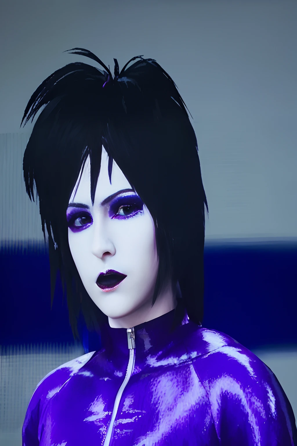 arafed image of a woman with black hair and purple makeup, dark purple hair and cybernetics, as a character in tekken, purple mullet, 1 7 - year - old goth girl, katana zero video game character, raven hair, video game avatar, with glowing purple eyes, portrait of destiny from sandman, inspired by Aaron Nagel, detailed punk hair