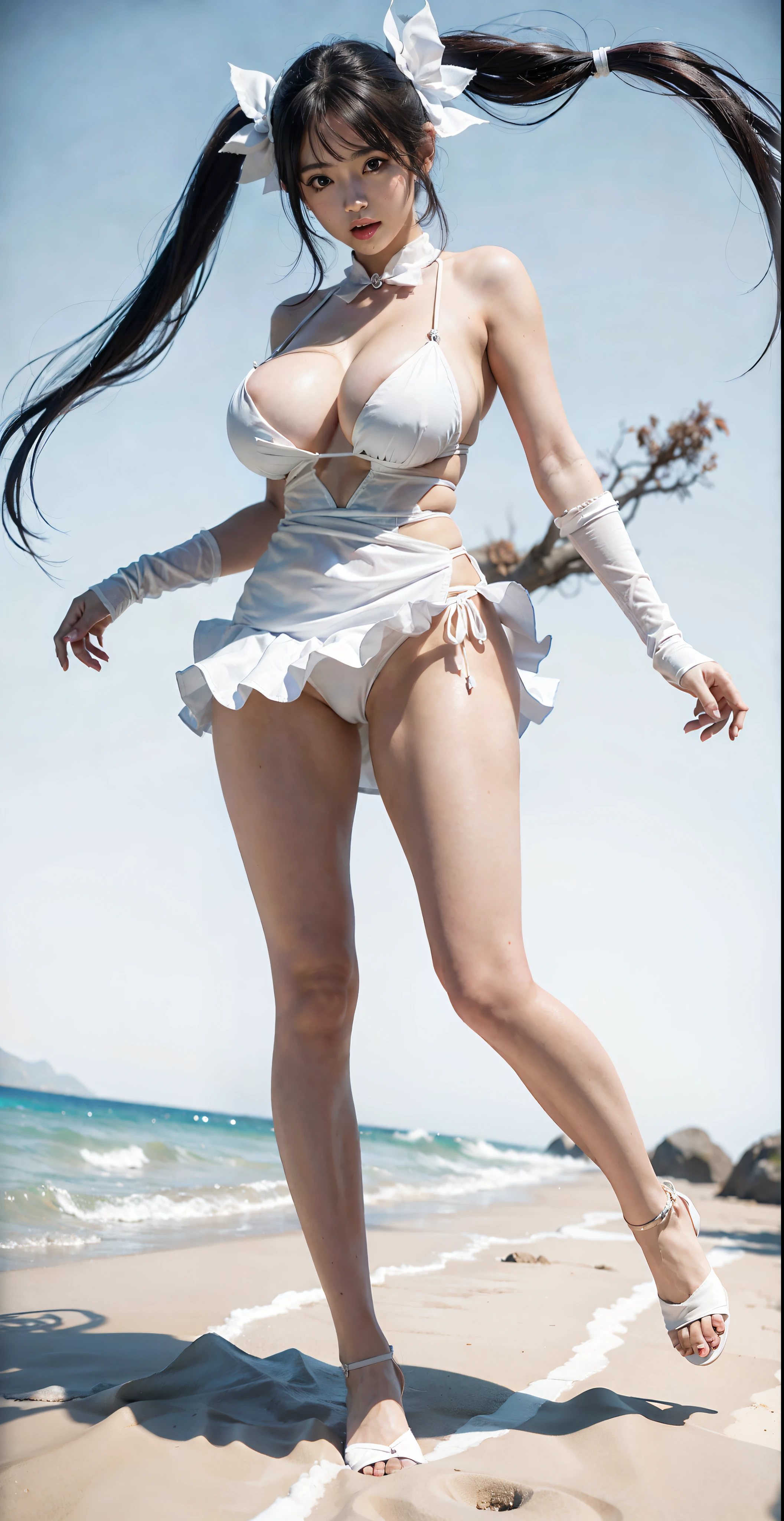 anime character of a woman in a short dress with a long hair, Hestia from Danmachi, anime girl named Hestia, female anime character, Hestia Danmachi anime, anime woman fullbody art, female action anime girl, anime full body illustration, twintails white gloves, official art, anime character, brown hair and a perfect body, bikini model, sexy look, perfect body and face, sexy girl, instagram model, perfect face and body, 21 years old, 22 years old, 18 years old, perfect body, 23 years old, nsfw, perfect face and body, nsfw, buxom chested, large breasts size, with large breasts, stunning, large breasts, big breasts!, slipping out of top, areola, areola slip, visible areola, NSFW, big breasts!, with large breasts, nsfw huge breasts, with a large breasts, big breasts
