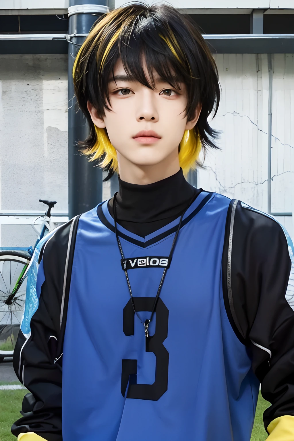 A boy with realistic black and yellow hair, exactly the same hairstyle, realistic handsome face, realistic cool expression,Realistic yellow eyes, adapt sportswear exactly the same,Realistic light, realistic shadows, realistic background