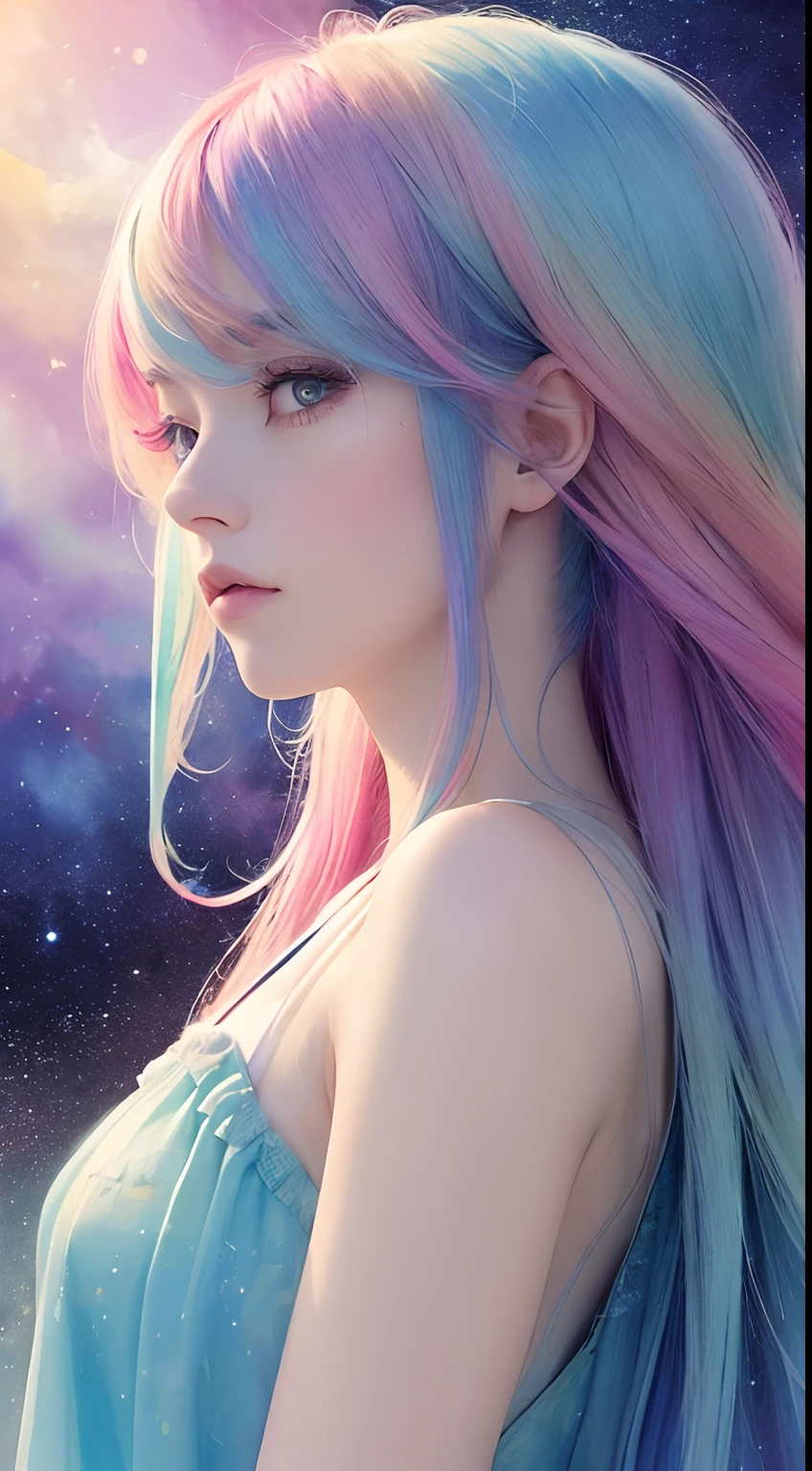 A woman with long hair and a blue dress is looking at the stars - SeaArt AI