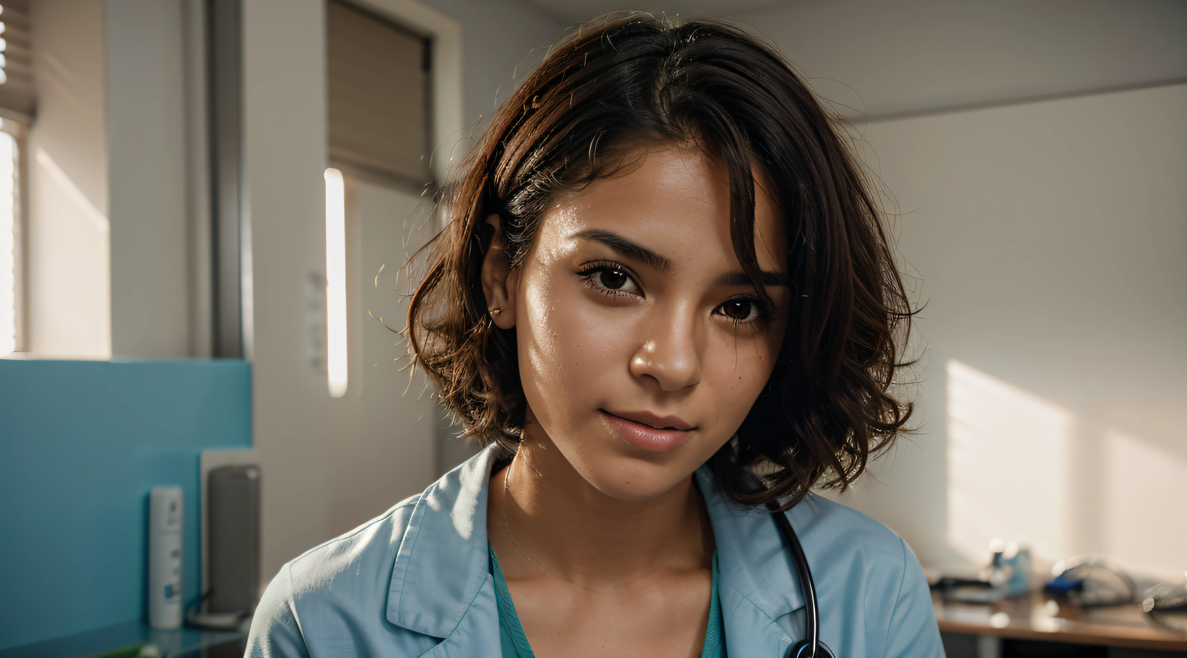 Create a prompt that generates an image of a medical student with Brazilian features. O modelo deve ser mulatta, com cabelos cacheados, vestindo um casaco branco e uma mochila azul nas costas. Ensure the inclusion of curly hair, without stethoscope. Ensure Realistic Lighting, com dentes brancos e alinhados, e desfoque o fundo para criar um efeito mais profissional. Por favor, Make the image as realistic as possible.