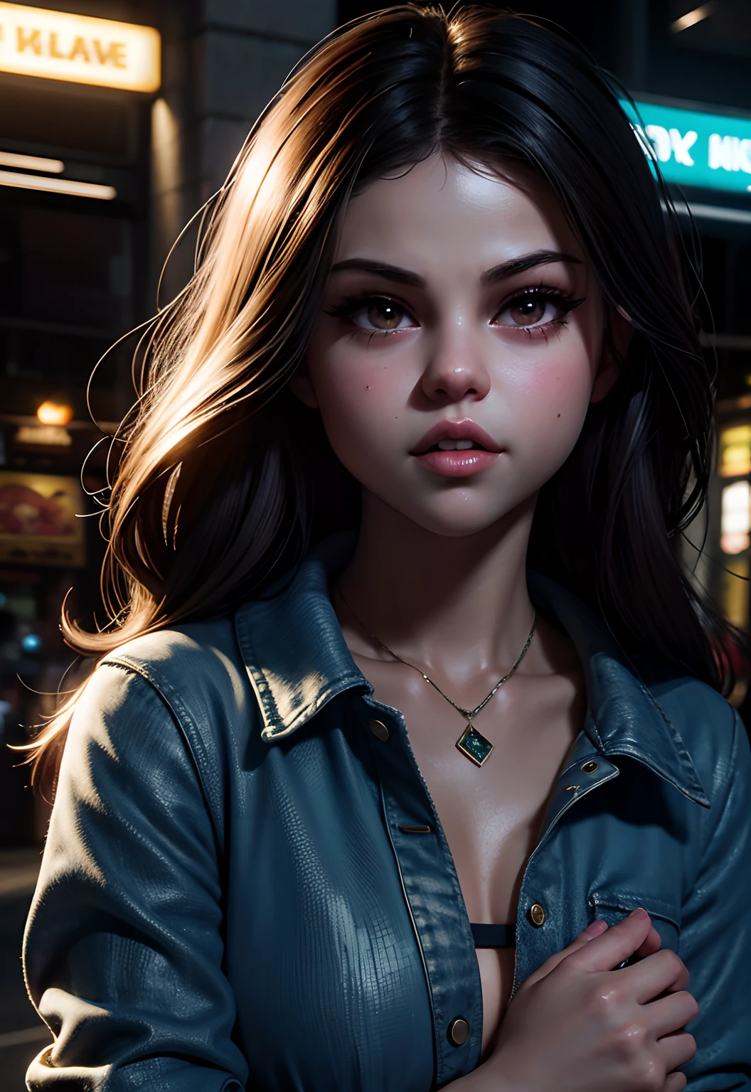 masterpiece, best quality, half body, portrait, night city, 1girl, ((Selena Gomez)), anime, 3D, pixar, realistic,  girl, smiling, cute face, harajuku fashion style, rain coat, mini top, jeans short, beautiful, colourful, neon lights, cyberpunk, smooth skin, illustration, artstation, painting by stanley artgerm lau, sideways glance, foreshortening, extremely detailed 8K, smooth, high resolution, ultra quality, highly detail eyes, highly detail mouth, highly detailed face, perfect eyes, both eyes are the same, true light, glare, Iridescent, Global illumination, real hair movement, real light, real shadow, real face, hd, 2k, 4k, 8k, 16k, realistic light, realistic shadow, bright Eyes, fluorescent eyes, soft light, dream light